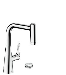 Drezová batéria Hansgrohe Metris s vyťahovacou spŕškou, 2 prúdy chróm 73805000